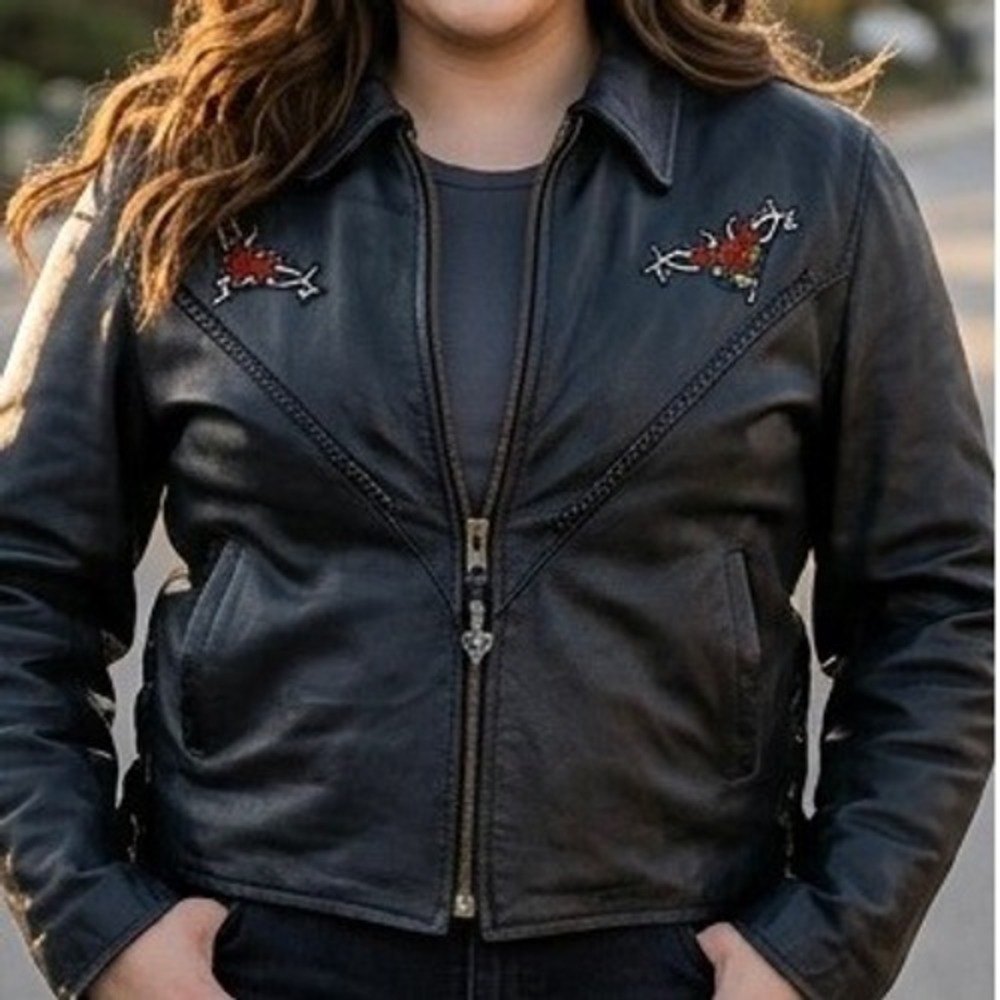 Genuine Leather Biker Jacket Women XL Black Lady Rider Rose Embroidered